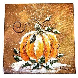 Original Snow on the Pumpkin Canvas Painting Signed by CVilla Sparkly Orange 6x6